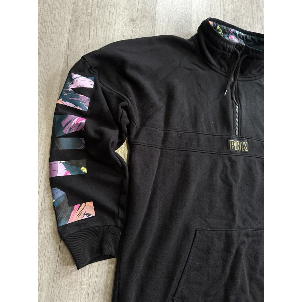 Pink Victoria Secret Sweatshirt Oversized Black 1/4 Zip Tropical Logo Medium - Picture 3 of 16